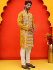 Embroidered Kurta Pyjama For Men ( JOKP P 5223 Mustard ) [FF] [C-12]