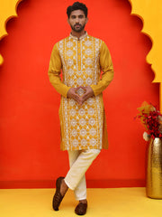 Embroidered Kurta Pyjama For Men ( JOKP P 5223 Mustard ) [FF] [C-12]
