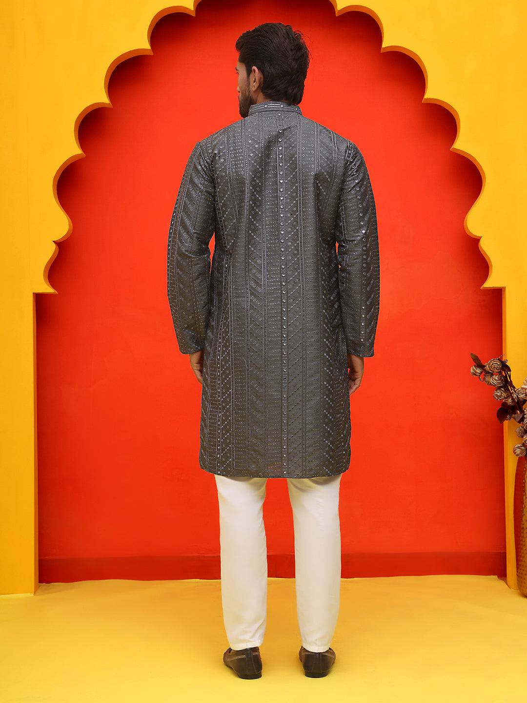 DesiQlo Men Embroidered Kurta Pyjama Set - Grey - JOKP_P_5225Grey_S