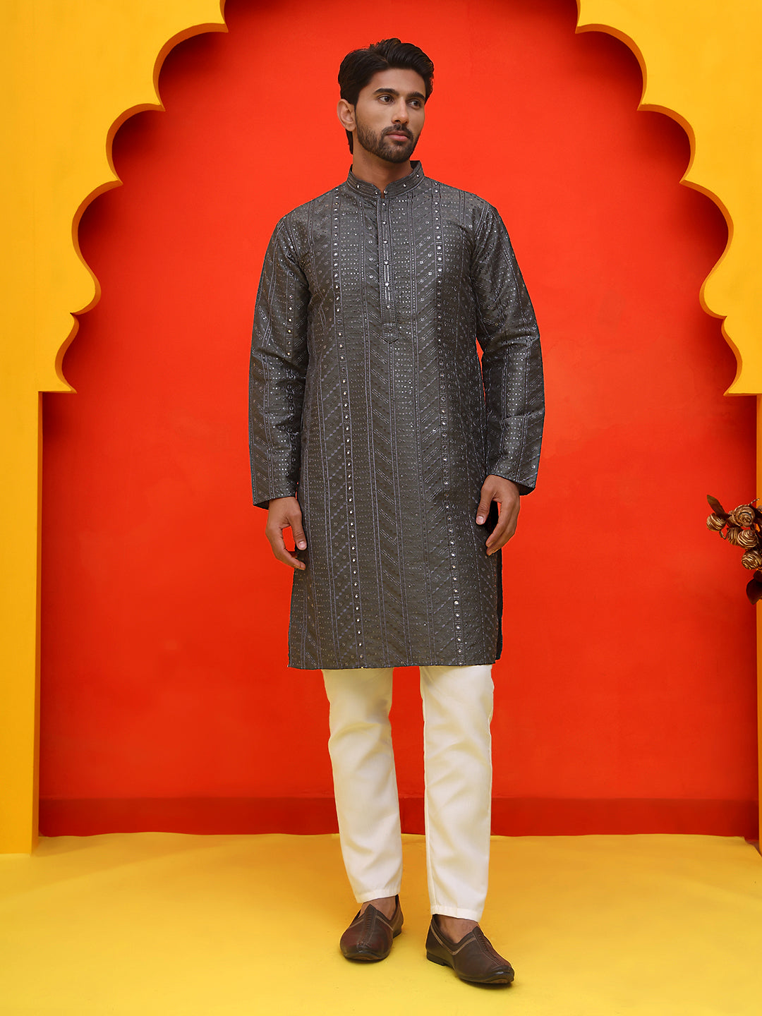 DesiQlo Men Embroidered Kurta Pyjama Set - Grey - JOKP_P_5225Grey_S