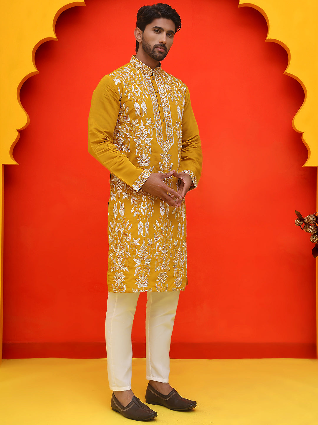 DesiQlo Men Embroidered Kurta Pyjama Set - Yellow - JOKP_P_5226Mustard