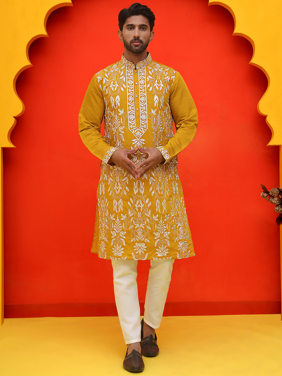 DesiQlo Men Embroidered Kurta Pyjama Set - Yellow - JOKP_P_5226Mustard