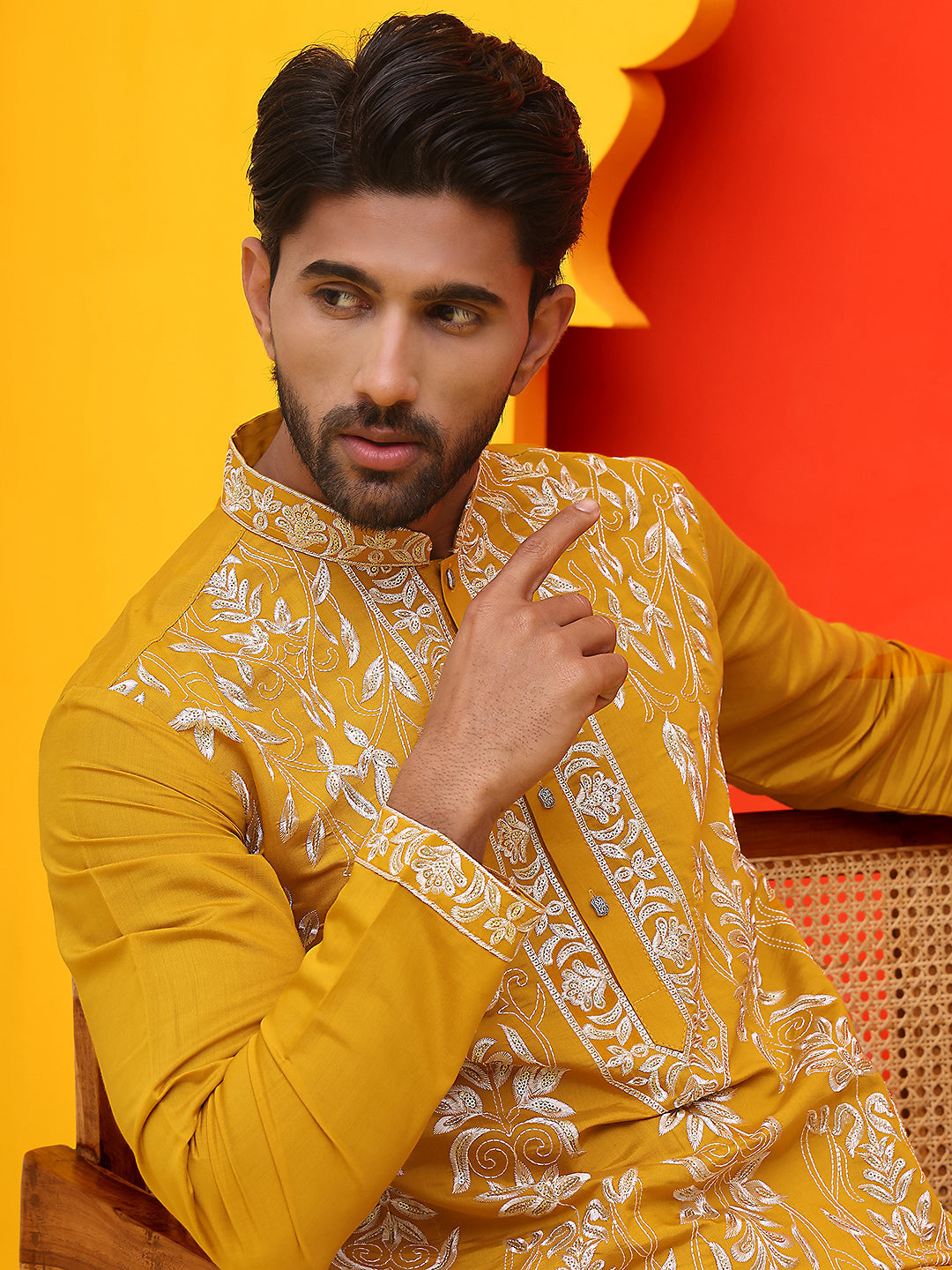 DesiQlo Men Embroidered Kurta Pyjama Set - Yellow - JOKP_P_5226Mustard