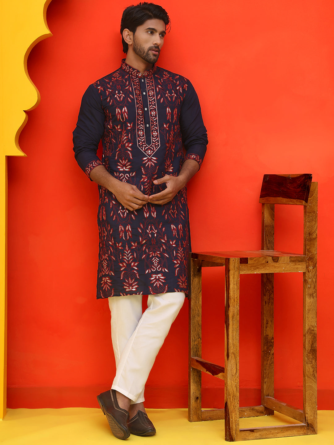 Embroidered & Sequins Kurta Set For Men ( JOKP P 5226 Navy ) [FF] [Q-10-11]