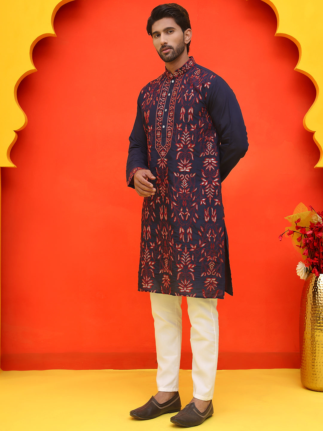 DesiQlo Men Embroidered Kurta Pyjama Set - Blue - JOKP_P_5226Navy_S