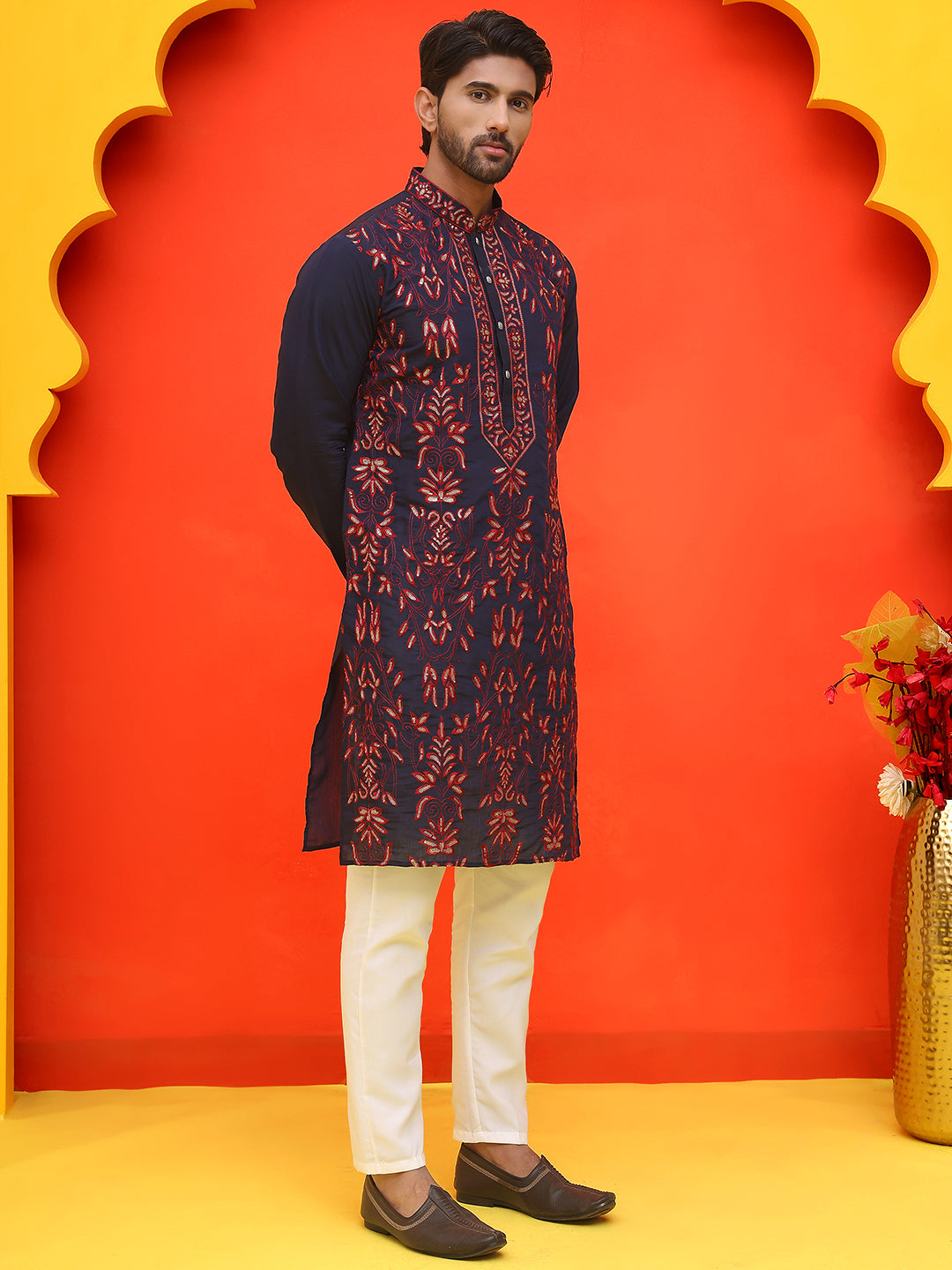 DesiQlo Men Embroidered Kurta Pyjama Set - Blue - JOKP_P_5226Navy_S