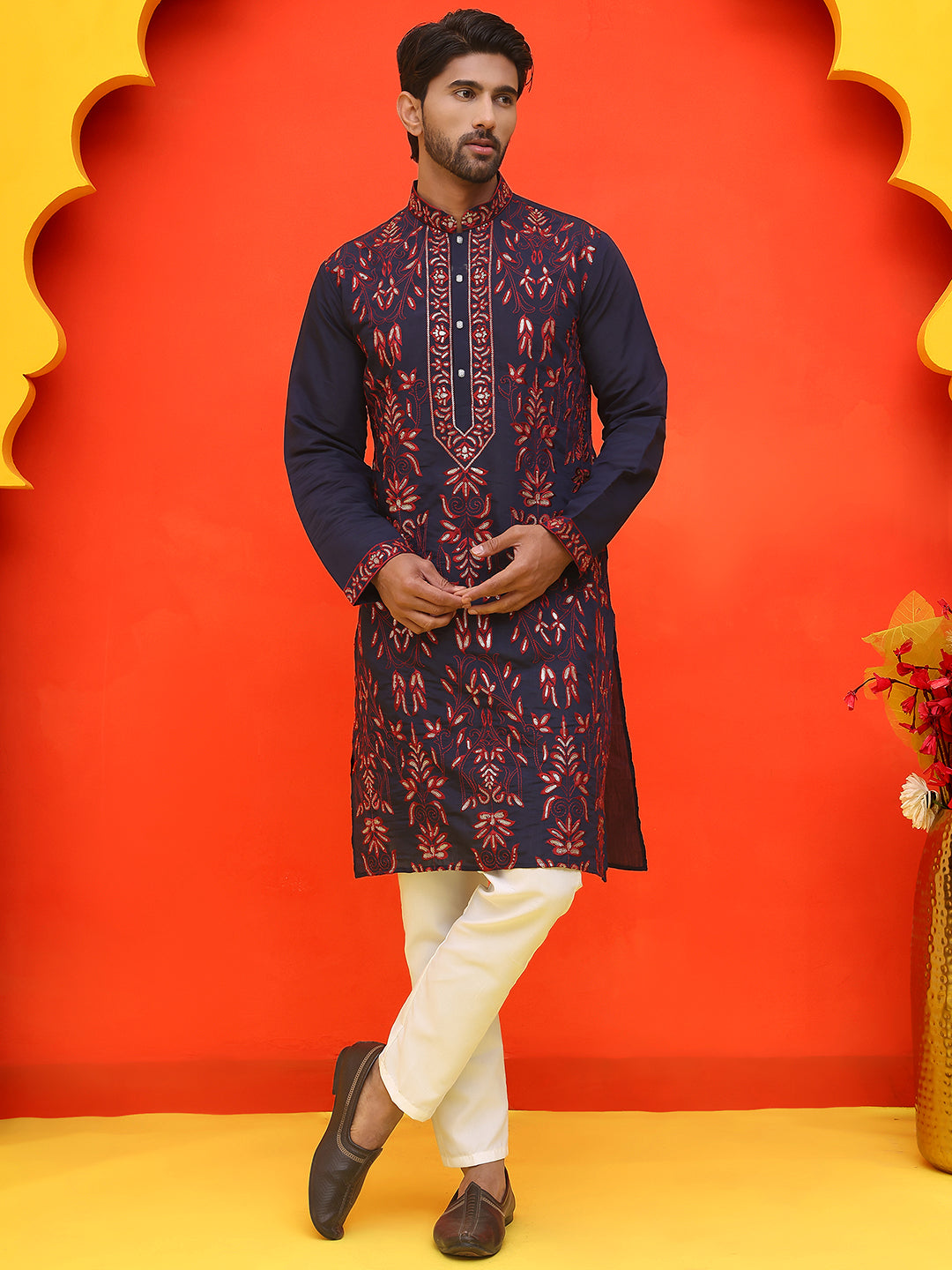 DesiQlo Men Embroidered Kurta Pyjama Set - Blue - JOKP_P_5226Navy_S