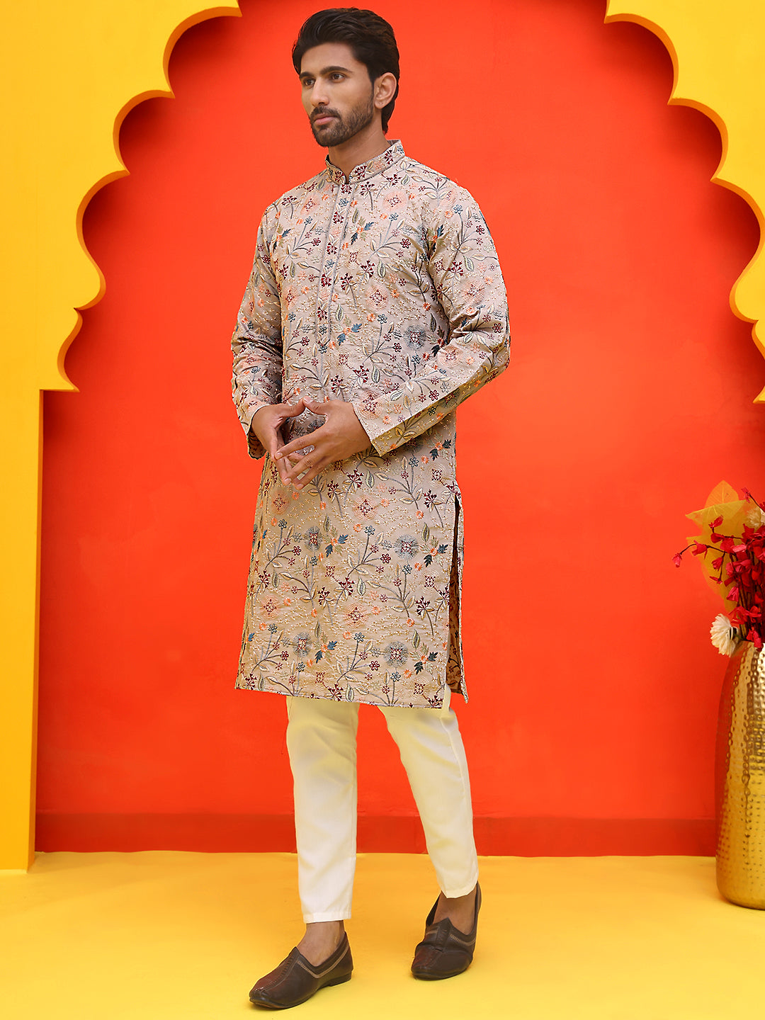 DesiQlo Men Embroidered Kurta Pyjama Set - Beige - JOKP_P_5227Cream_S