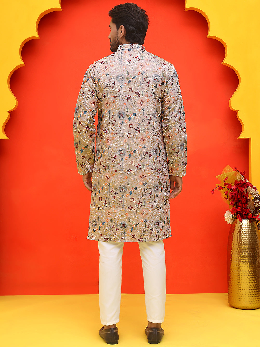 DesiQlo Men Embroidered Kurta Pyjama Set - Beige - JOKP_P_5227Cream_S