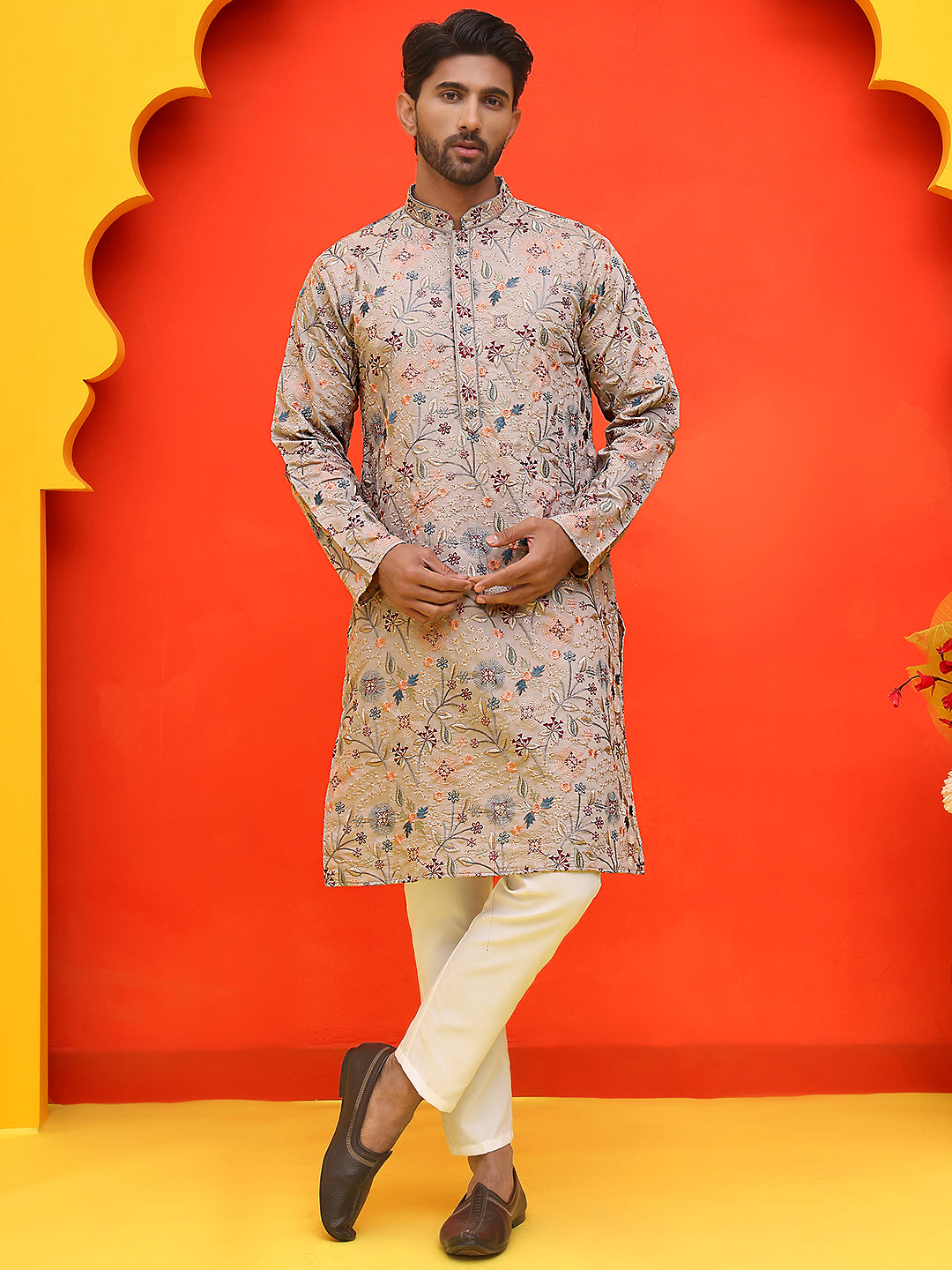 DesiQlo Men Embroidered Kurta Pyjama Set - Beige - JOKP_P_5227Cream_S