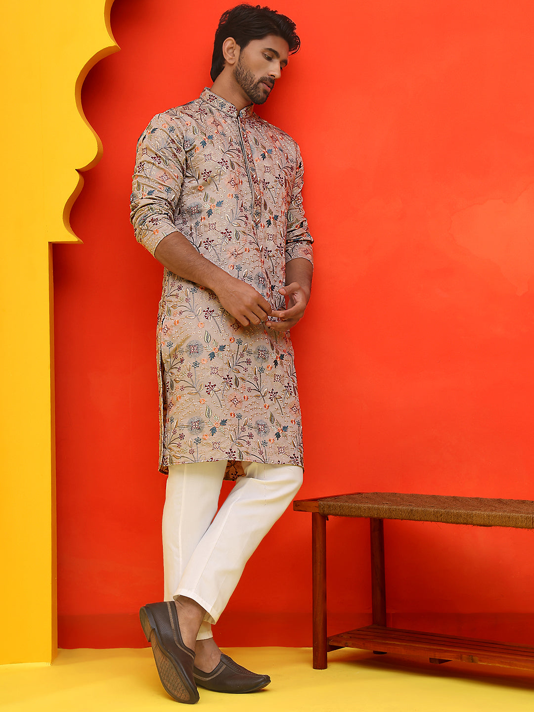 DesiQlo Men Embroidered Kurta Pyjama Set - Beige - JOKP_P_5227Cream_S