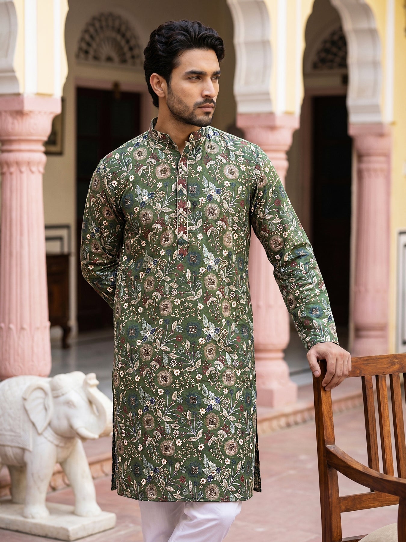 DesiQlo Men Embroidered Kurta Pyjama Set - Green - JOKP_P_5227Mehndi_S