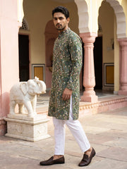 Silk Blend Floral Embroidered Kurta Pyjama Set ( JOKP P 5227Mehndi )