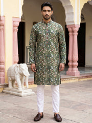 Silk Blend Floral Embroidered Kurta Pyjama Set ( JOKP P 5227Mehndi )
