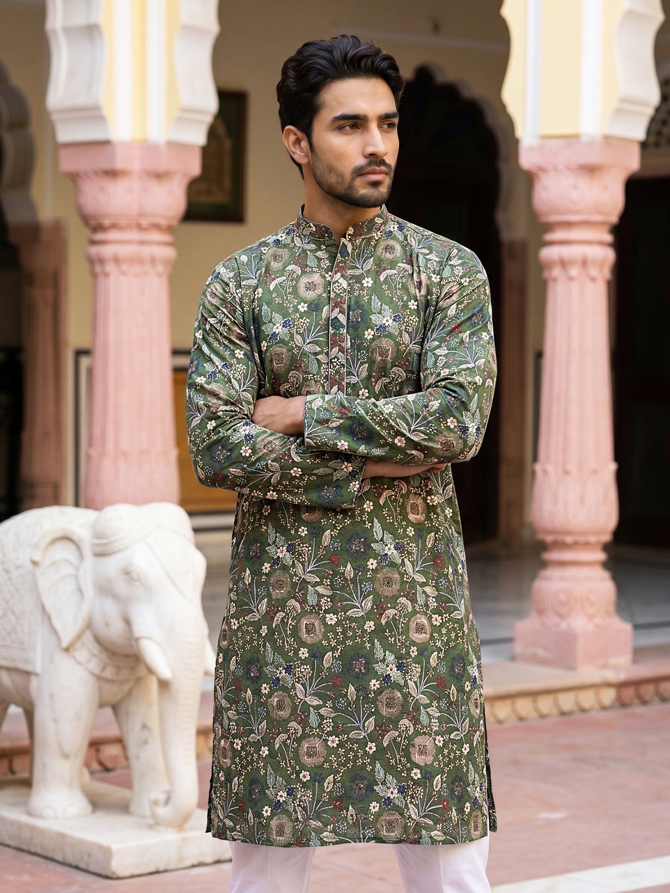 DesiQlo Men Embroidered Kurta Pyjama Set - Green - JOKP_P_5227Mehndi_S
