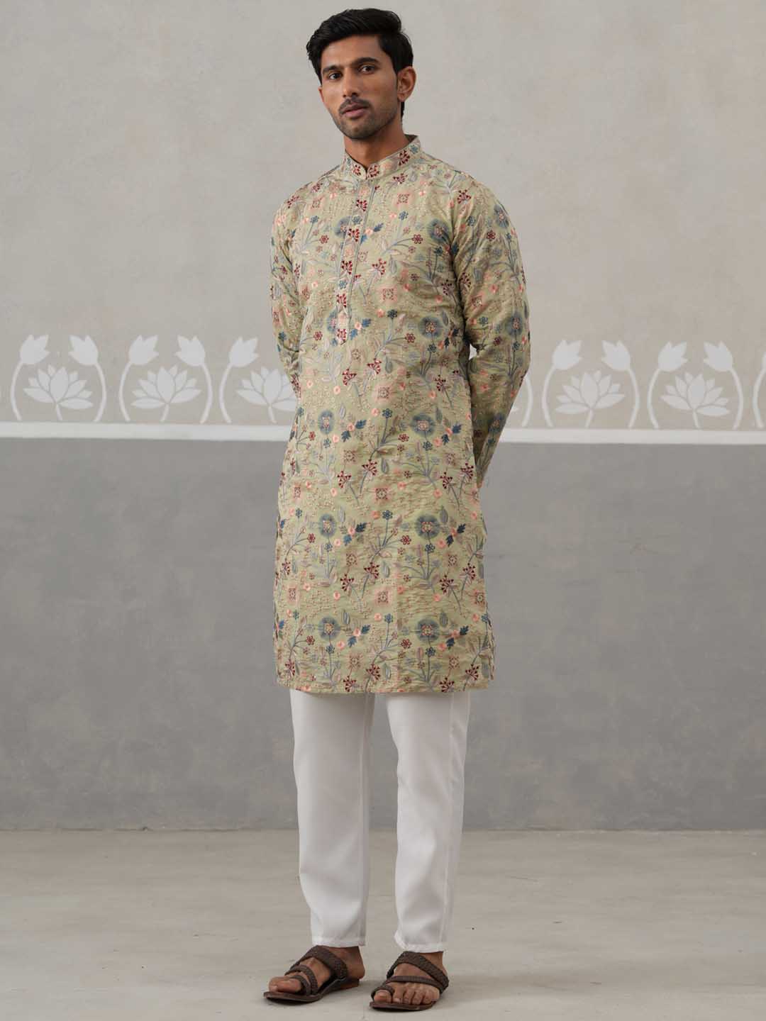 DesiQlo Men Embroidered Kurta Pyjama Set - Green - JOKP_P_5227Pista_S