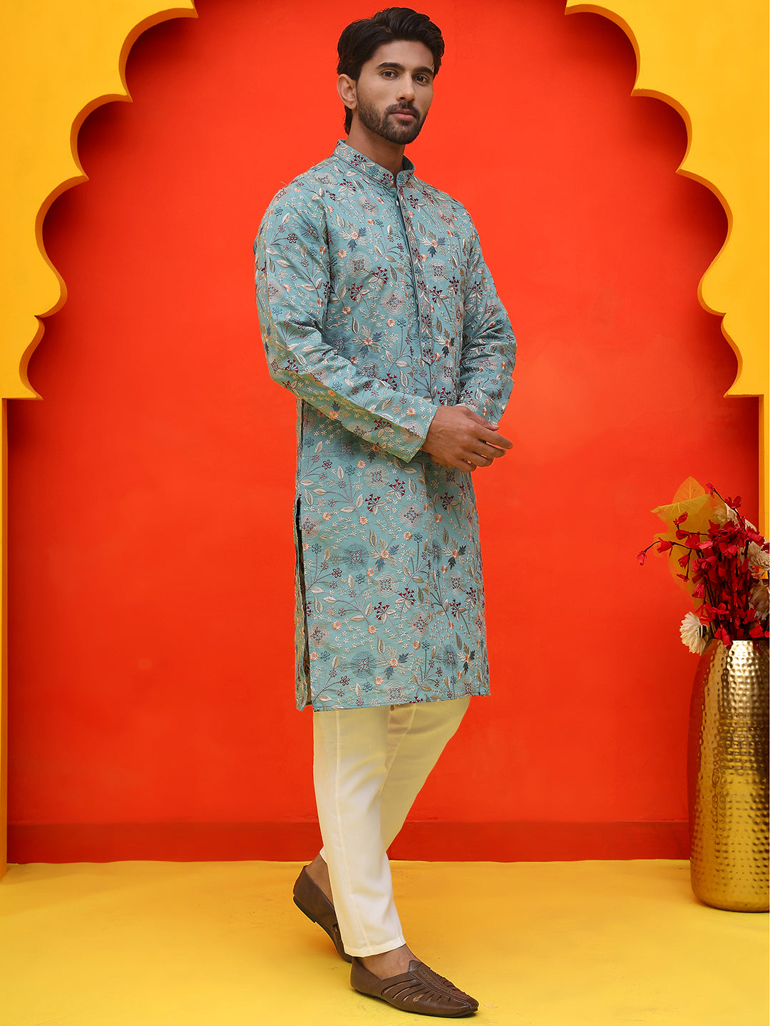 DesiQlo Men Embroidered Kurta Pyjama Set - Blue - JOKP_P_5227Sky_S