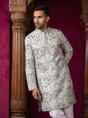 Silk Blend Floral Embroidered Kurta Pyjama Set ( JOKP P 5227White )