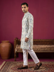 Silk Blend Floral Embroidered Kurta Pyjama Set ( JOKP P 5227White )