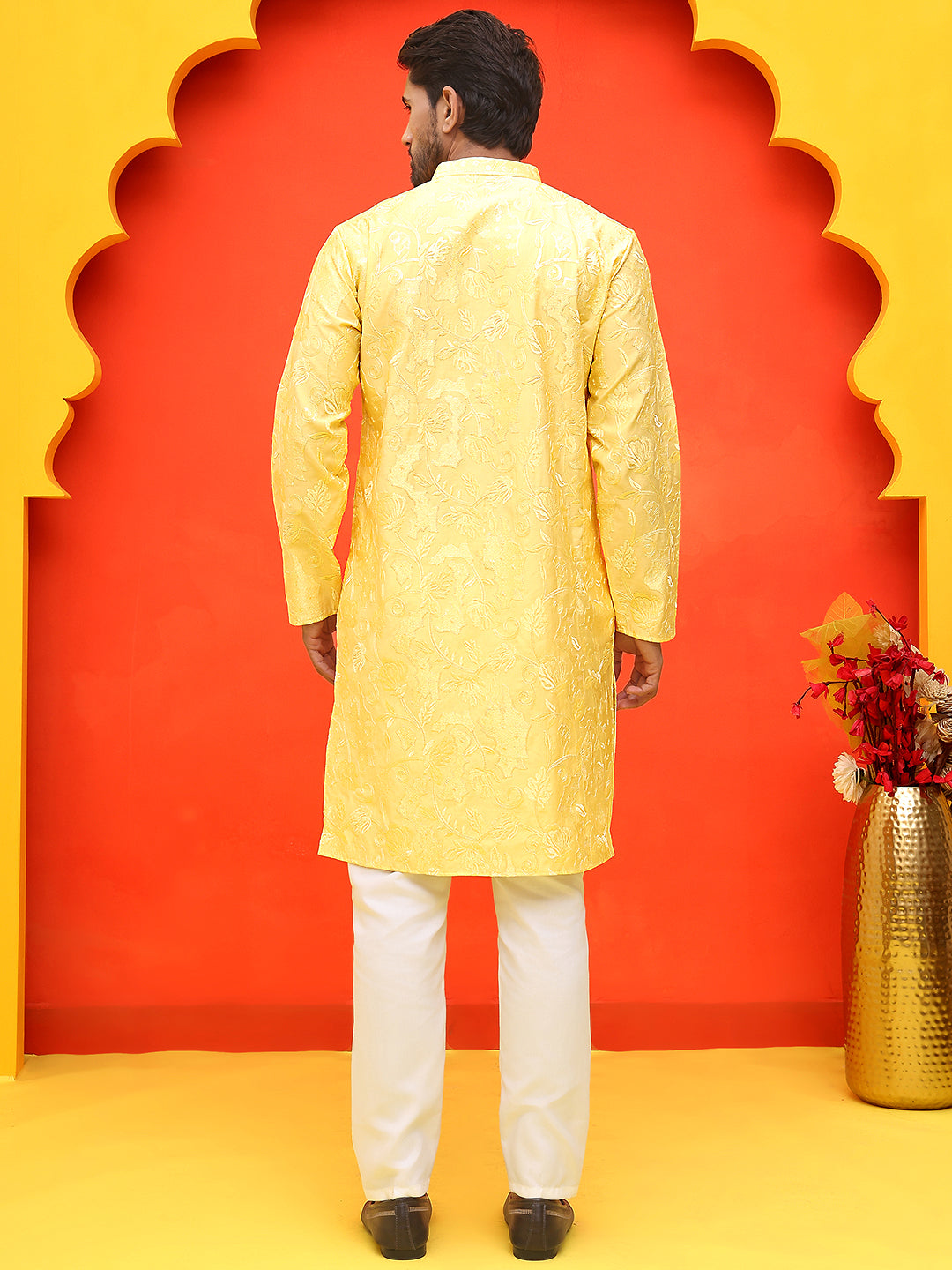 DesiQlo Men Embroidered Kurta Pyjama Set - Yellow - JOKP_P_5228Yellow_