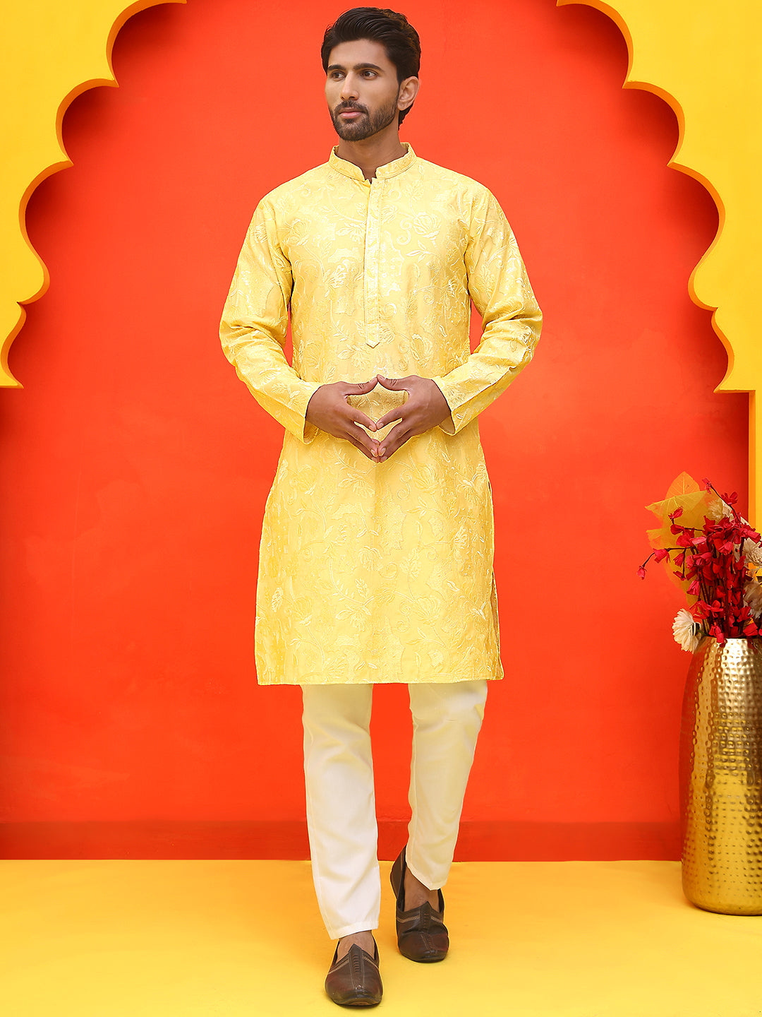 DesiQlo Men Embroidered Kurta Pyjama Set - Yellow - JOKP_P_5228Yellow_