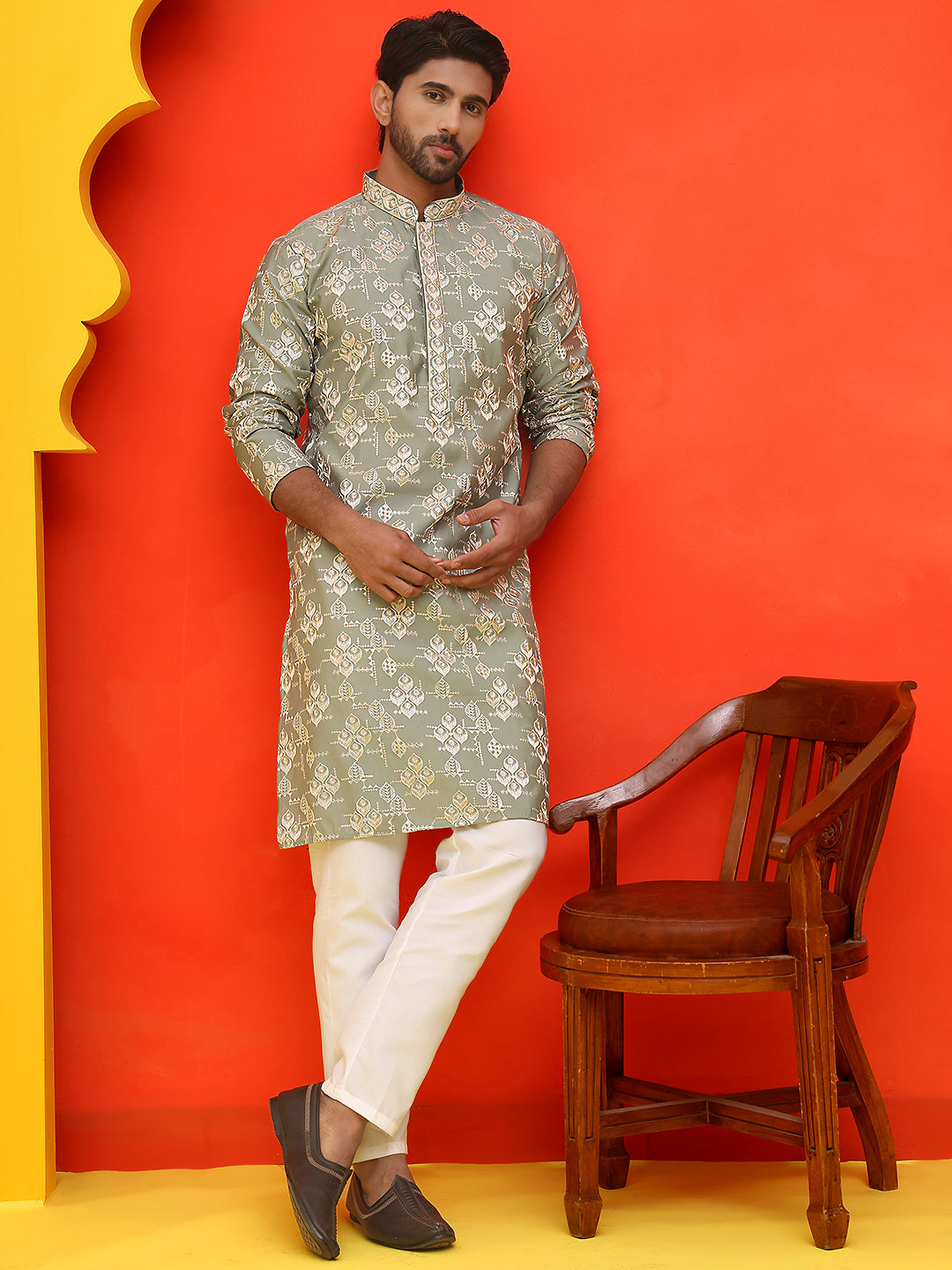 Men's Embroidered Kurta Pyjama ( JOKP P 5229 Pista ) [FF] [N-8]
