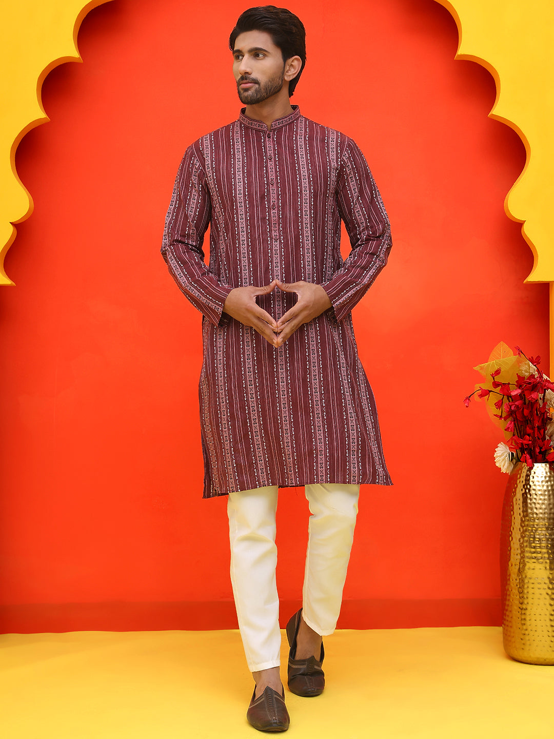 DesiQlo Men Self Design Kurta Pyjama Set - Maroon - JOKP_P_5232Maroon_