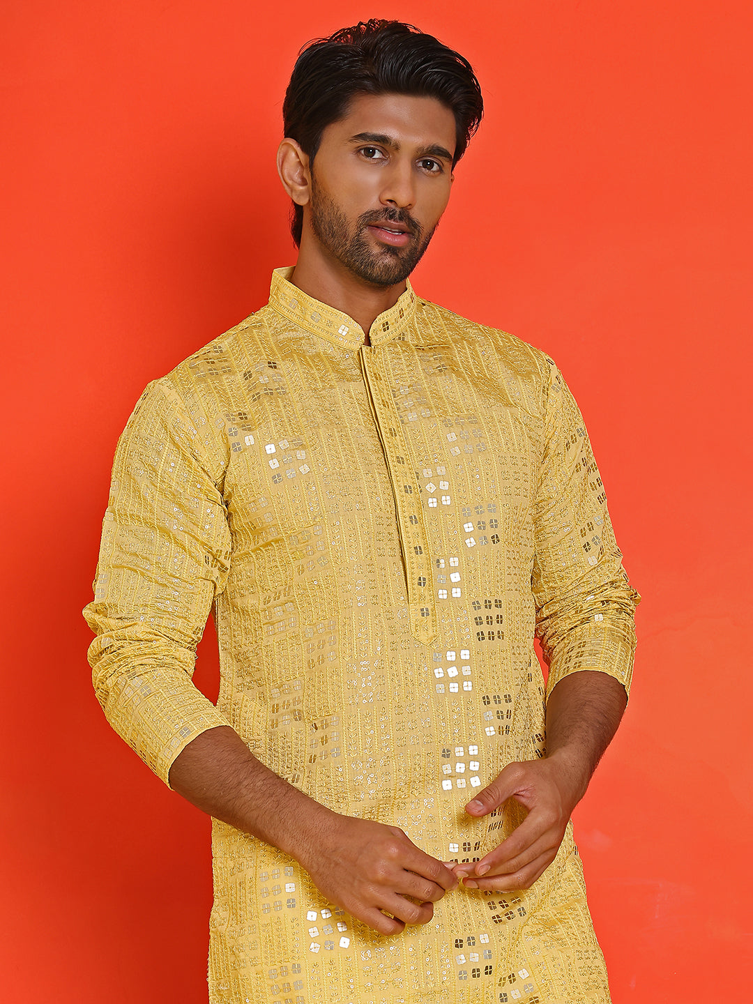 Embroidered & Sequins Kurta Pyjama ( JOKP P 5233 Yellow ) [FF] [S-2-3]