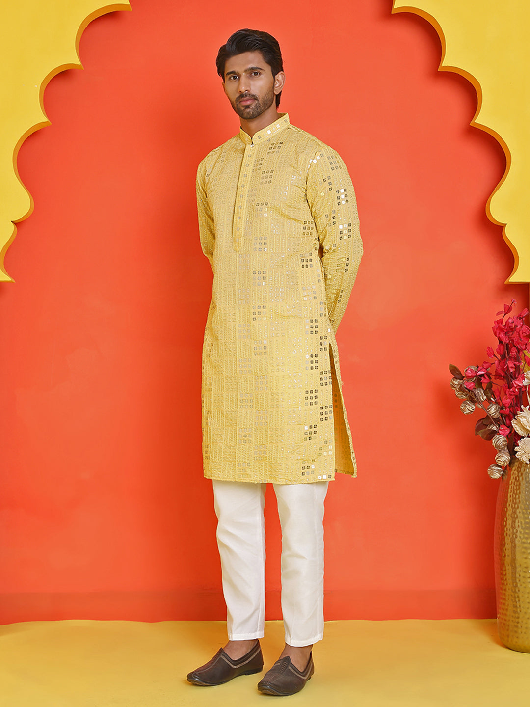 DesiQlo Men Embroidered Kurta Pyjama Set - Yellow - JOKP_P_5233Yellow_