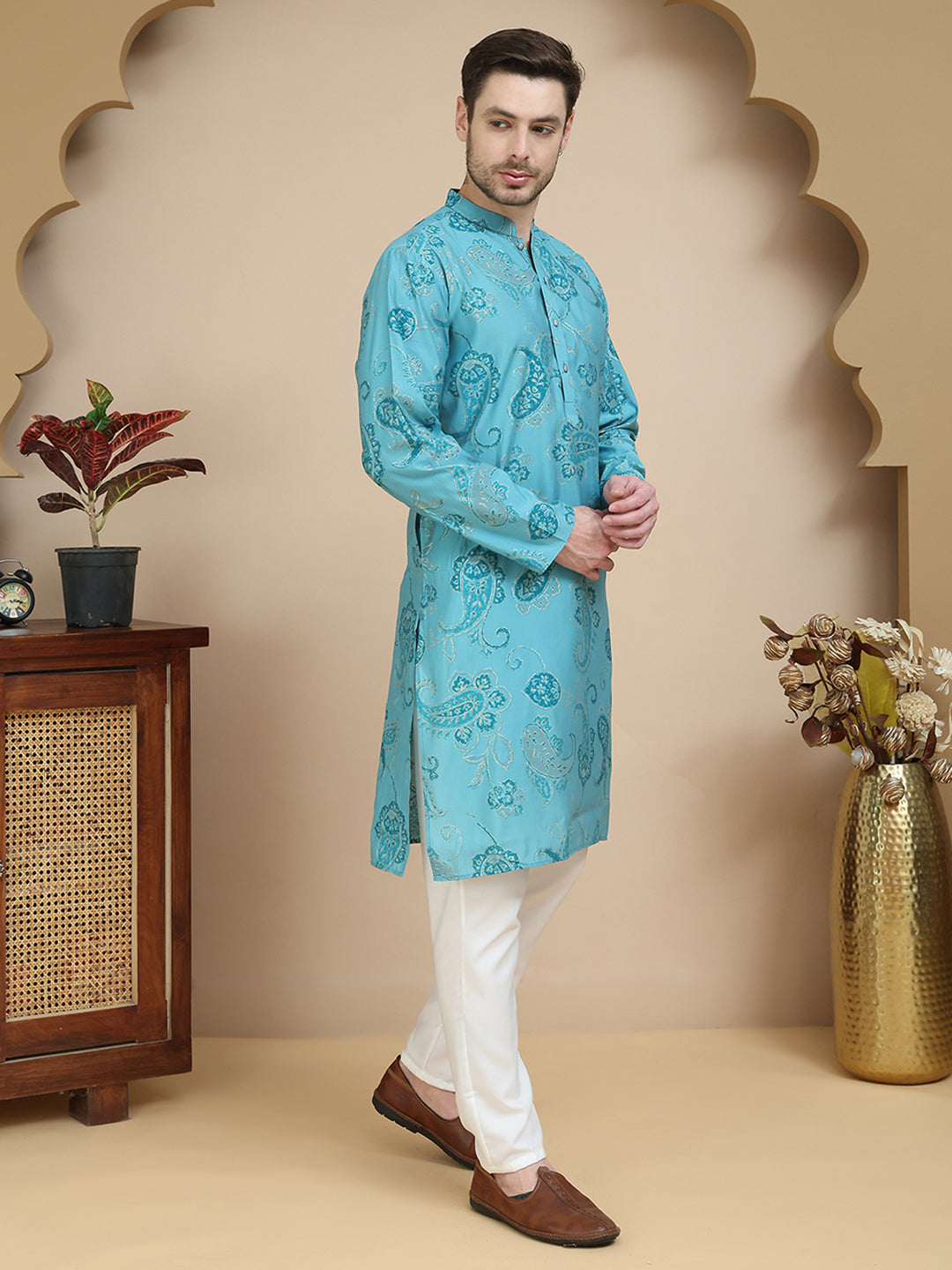 DesiQlo Men Printed Kurta Pyjama Set - Blue - JOKP_P_5242Blue_S