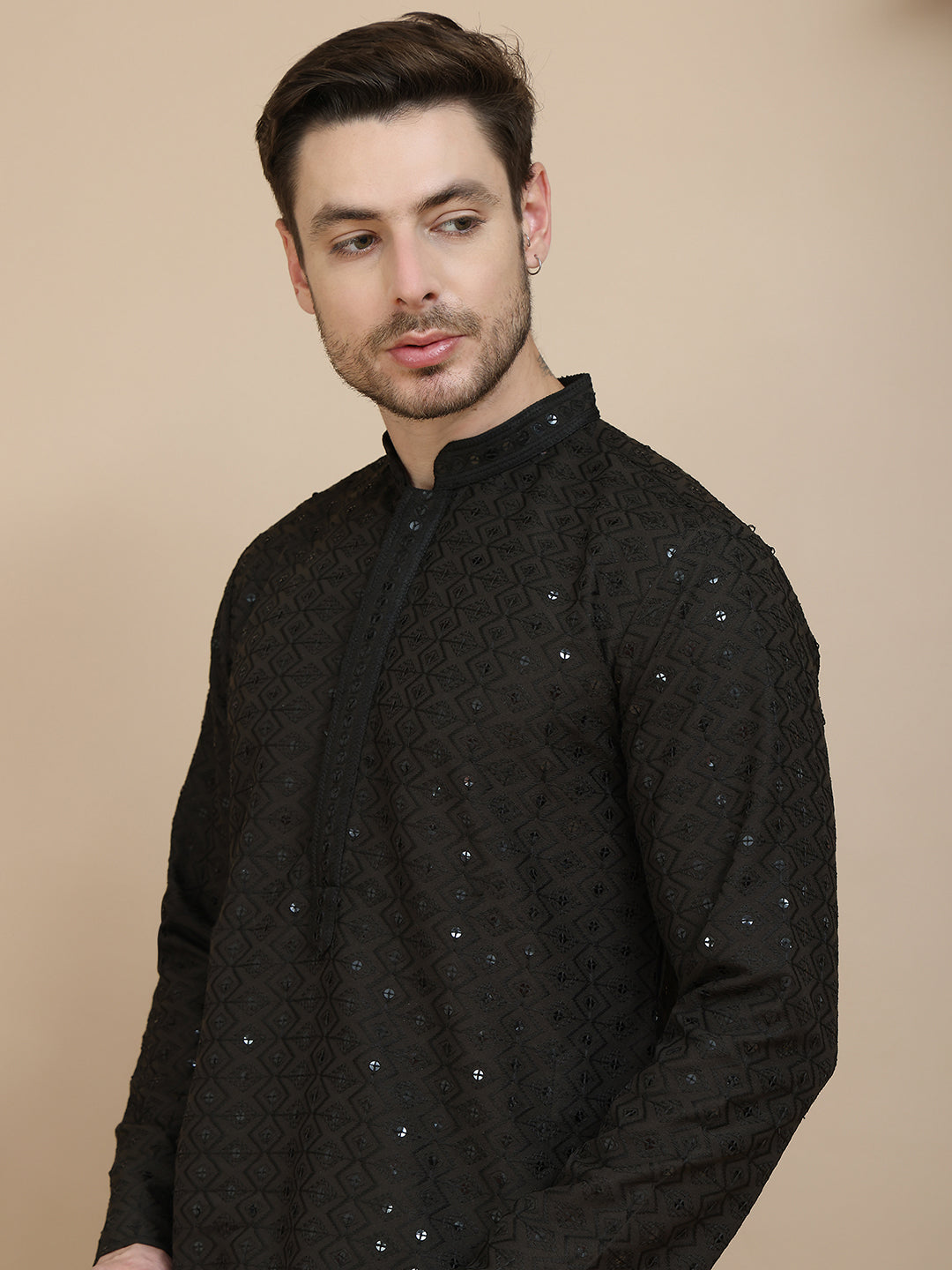 Embroidered Cotton Kurta With Pyjama for Men ( JOKP P 5244 Black ) [FF] [B-12]