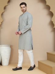 Embroidered Cotton Kurta With Pyjama for Men ( JOKP P 5244 Grey ) [FF] [B-12]