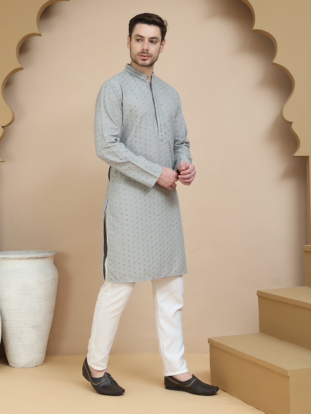 DesiQlo Men Embroidered Kurta Pyjama Set - Grey - JOKP_P_5244Grey_S