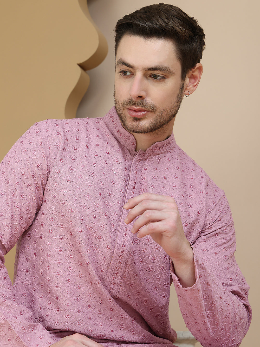 DesiQlo Men Embroidered Kurta Pyjama Set - Pink - JOKP_P_5244Magenta_S