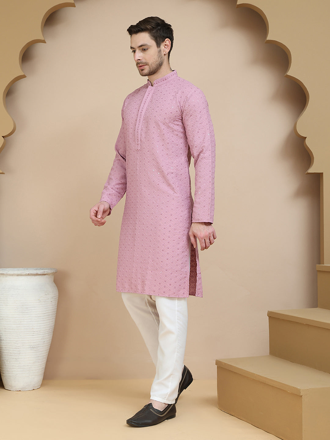 DesiQlo Men Embroidered Kurta Pyjama Set - Pink - JOKP_P_5244Magenta_S