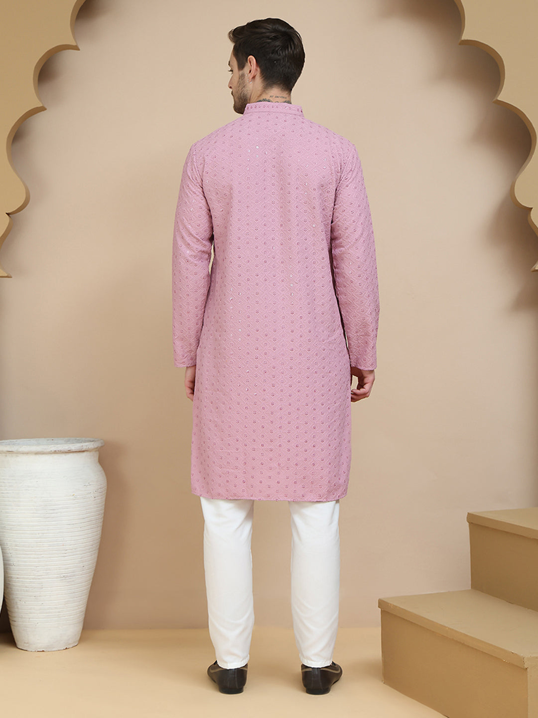 DesiQlo Men Embroidered Kurta Pyjama Set - Pink - JOKP_P_5244Magenta_S