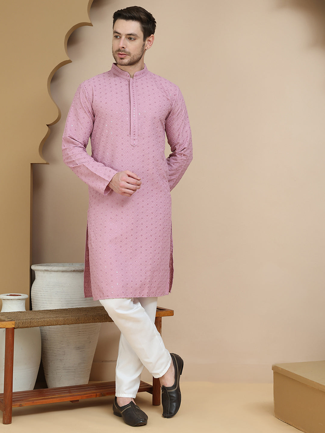 DesiQlo Men Embroidered Kurta Pyjama Set - Pink - JOKP_P_5244Magenta_S