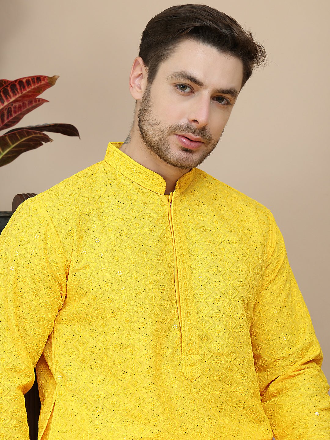 Embroidered Cotton Kurta With Pyjama for Men ( JOKP P 5244 Yellow ) [FF] [B-12]
