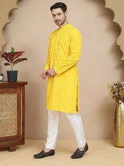 Embroidered Cotton Kurta With Pyjama for Men ( JOKP P 5244 Yellow ) [FF] [B-12]