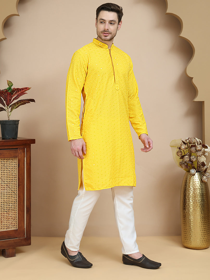 DesiQlo Men Embroidered Kurta Pyjama Set - Yellow - JOKP_P_5244Yellow_