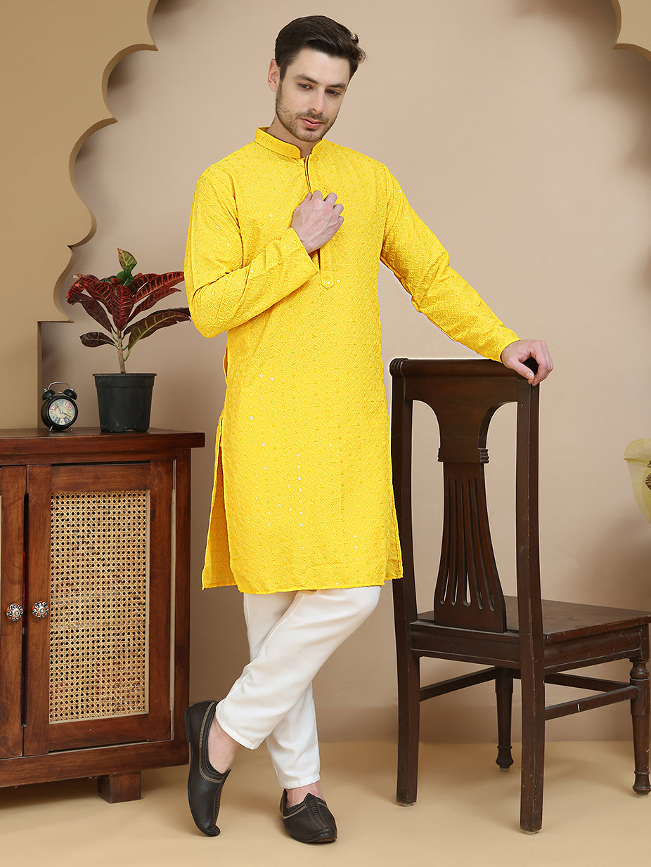 DesiQlo Men Embroidered Kurta Pyjama Set - Yellow - JOKP_P_5244Yellow_