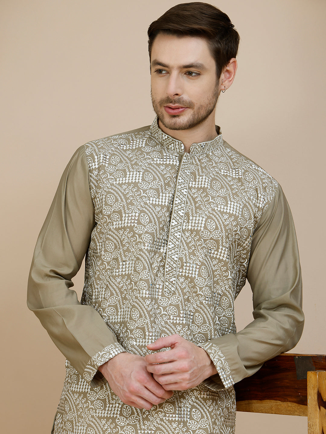 DesiQlo Men Embroidered Kurta Pyjama Set - Beige - JOKP_P_5245Beige_S
