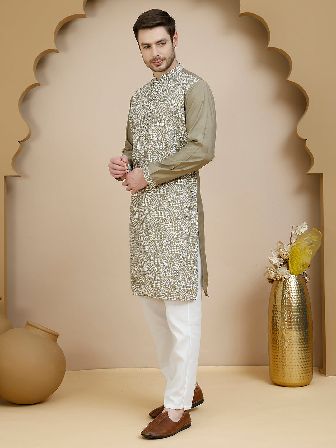 DesiQlo Men Embroidered Kurta Pyjama Set - Beige - JOKP_P_5245Beige_S