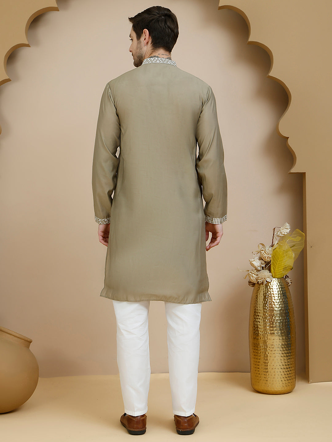 DesiQlo Men Embroidered Kurta Pyjama Set - Beige - JOKP_P_5245Beige_S