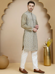 Embroidered Silk Blend Kurta Set for Men ( JOKP P 5245 Beige ) [FF] [I-1-4]