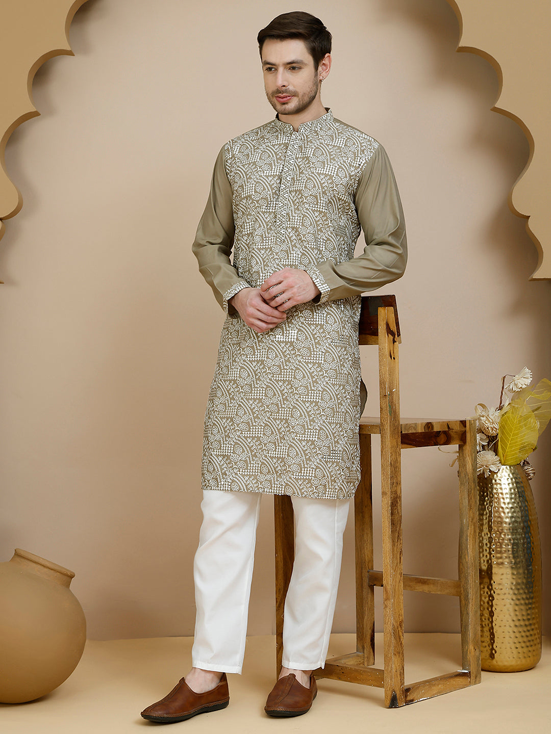 DesiQlo Men Embroidered Kurta Pyjama Set - Beige - JOKP_P_5245Beige_S
