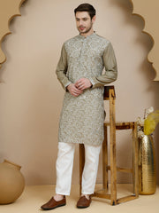 Embroidered Silk Blend Kurta Set for Men ( JOKP P 5245 Beige ) [FF] [I-1-4]