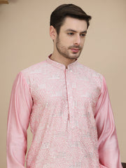 Embroidered Silk Blend Kurta Set for Men ( JOKP P 5245 Pink ) [FF] [I-1-4]