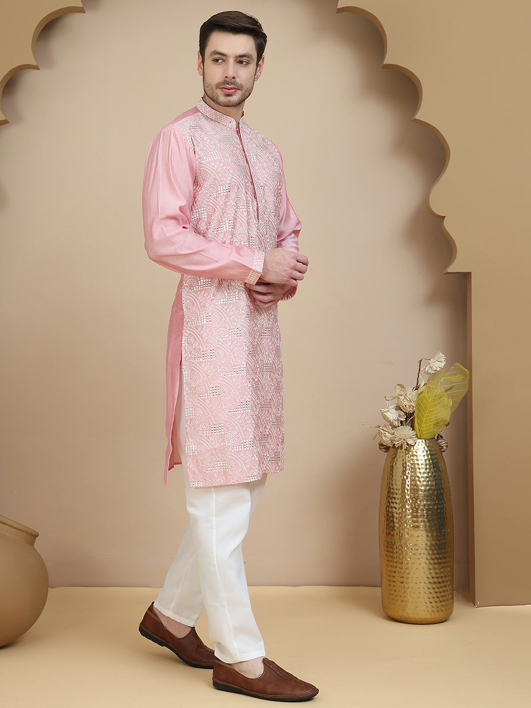 DesiQlo Men Embroidered Kurta Pyjama Set - Pink - JOKP_P_5245Pink_S