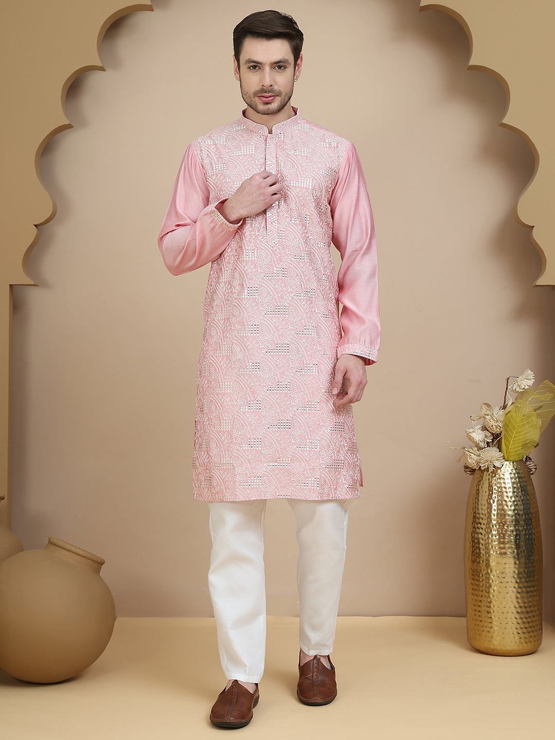 DesiQlo Men Embroidered Kurta Pyjama Set - Pink - JOKP_P_5245Pink_S